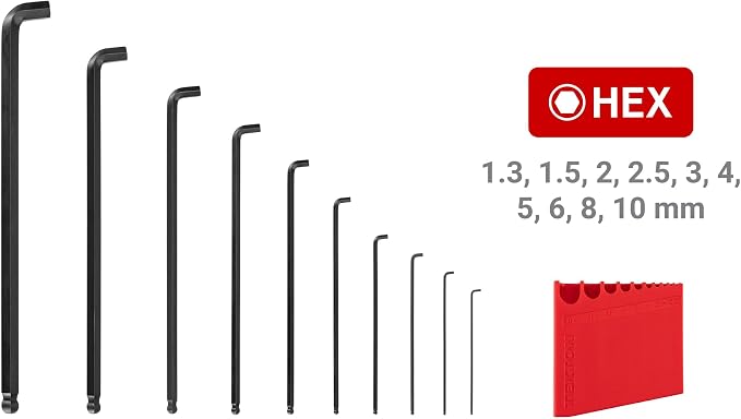 TEKTON Short Arm Ball End Hex L-Key Set, 10-Piece | KLX91212 | (1.3 - 10 mm, Common Sizes), Manganese Phosphate Finish, Holder