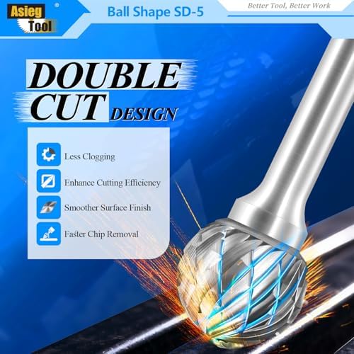 SD-5 Tungsten Carbide Burr Rotary File Ball Shape Double Cut with 1/4''Shank for Die Grinder Drill Bit - 10Pcs