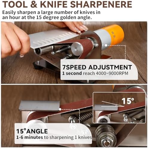 3-in-1 Mini Belt Sander with 20 Sanding Belts, 15° Angle Knife Sharpener and Variable Speed Grinder for Woodworking, Metal Polishing, DIY and Jewelry Making