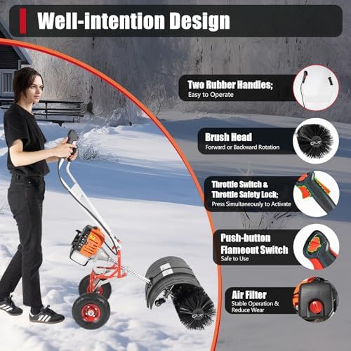Gas Handheld Snow Sweeper, 52cc 2 Stroke Engine Power Gasoline Snow Shovel, Cordless Hand Held Walk Behind Brush Broom Cleaner Tools for Driveway Turf Lawns Artificial Grass Garden