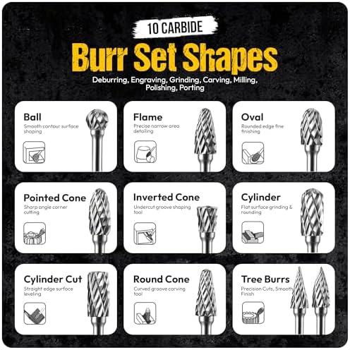 10Pcs Carbide Burr Set - 1/8" Shank Tungsten Die Grinder Bits, Double Cut - Compatible with Dremel & Milwaukee - Cutting, Engraving, Deburring - Rasp Accessories - Metal, Steel, Aluminum