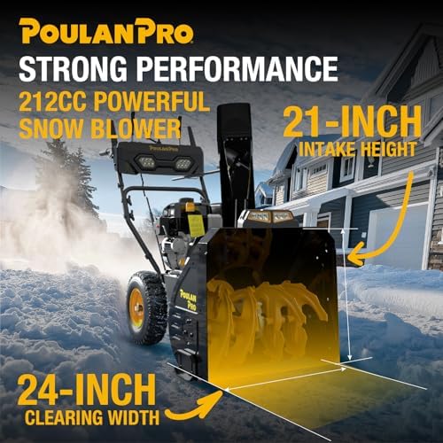 Poulan Pro PR241 24" Gas Snow Blower, 212cc, 2-Stage Electric Start Snow Thrower, Self-Propelled with 210° Remote Chute, 40ft Throwing Distance, Heated Grips, LED Lights, Steel Auger and 14" Tires