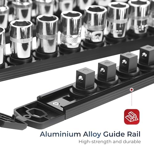Reniteco Magnetic Socket Organizer Set, 3-Pack 3/8” Socket Rails | 42 Clips, Heavy-Duty Aluminum Alloy Rails, Removable 360° Swivel ABS Clips, Magnetic Base, Tool Box Drawer or Wall Mount