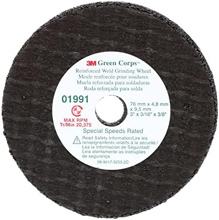 3M Green Corps Reinforced Weld Grinding Wheel 01991, 3 in, .22" x 3/8" 5 Pack Heavy Duty, Resin Bonded, Long Lasting Wheel for Fast Cut, Auto Body