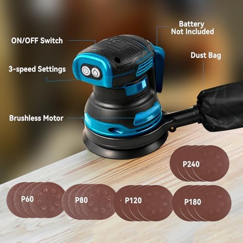 5" Cordless Random Orbital Sander Compatible with Mak-ita 18v Battery,Brushless, 3-Speed (7000/9500/11000 RPM), Dust Bag Included, 20 Sanding Discs for Woodworking Polishing Sanding