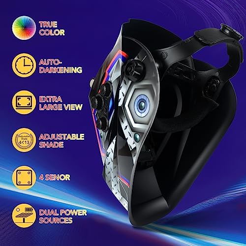 TRQWH Welding Helmet Auto Darkening Large Viewing True Color Solar Powered Welding Mask with 4 Arc Sensor Adjustable Wide Shade Range 4~5-8/9-13 Welder Mask with Grinding