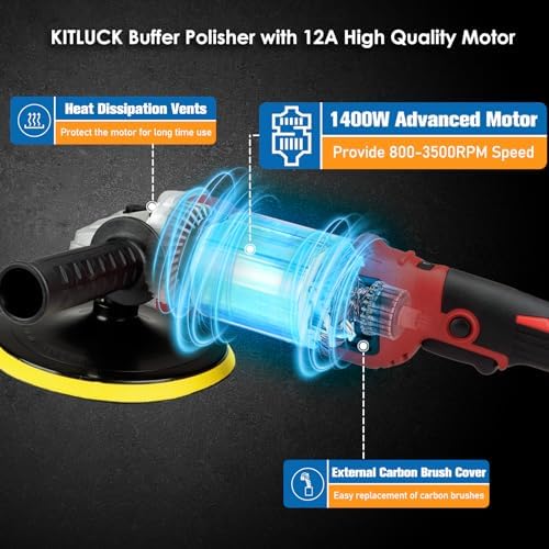 KITLUCK Buffer Polisher, 12Amp 6″/7″ Rotary Polisher for Car Detailing, 1400W 7 Variable Speed Car Buffer Polisher Machine, 800-3500RPM, with Foam Pad, Wool Pad For Car Polishing, Buffing, Waxing