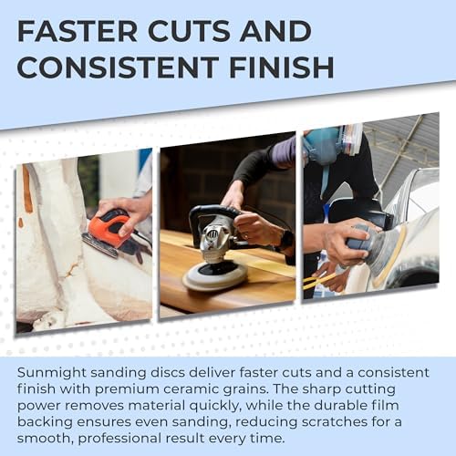 Sunmight Ceramic Film Multi-Hole Grip Discs – 150 Grit 6 Inch Sanding Discs Hook and Loop – High Dust Extraction, Fast Cutting & Durable – Polyester Film Backing for Automotive, Marine, Wood & Metal