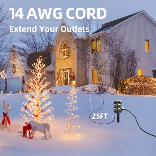TiFFCOFiO Outdoor Power Strip Weatherproof, 25 FT Extension Cord with Stake, 6 Grounded Outlets for Christmas Yard Decorations and Inflatables, 15A/1875W, ETL Listed (Pack of 2)