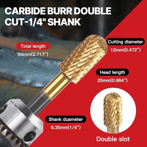 HUHAO Tungsten Carbide Rotary Burr Bit, Double Cut Carbide Burr 1/4" Shank Die Grinder Cutting Burrs Bit for Metal Working & Sturdy