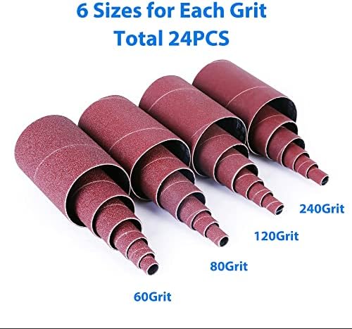 LotFancy 24PCS Spindle Sander Sleeves, Sanding Sleeves for Oscillating Sander, 60 80 120 240 Assorted Grit Sandpaper, 4-1/2” Length, 1/2”, 3/4”, 1”, 1-1/2”, 2”, 3” Diameter