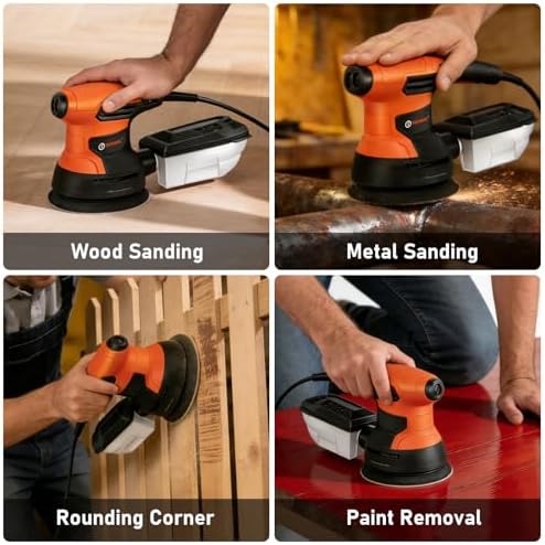 5-inch Orbital Sander, Random Orbit Sander With 6 Variable Speeds, 12pcs Sandpapers, Dust Collection For Woodworking And Sanding