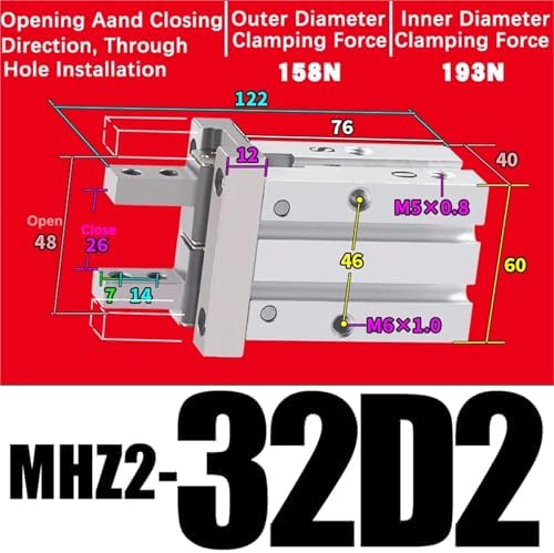 1PCS MHZ2 Pneumatic Finger Cylinder Parallel Gripper MHZ2-10/16/25/32/40D1/D2/D3 Side Thread Aluminium Clamps(MHZ2-32D2)