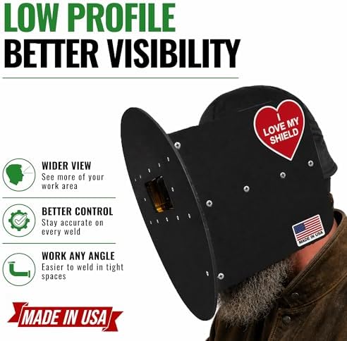 Black Pancake Welding Hood Right Handed, 2" x 4-1/4" Lens Welding Shield, ANSI Z87.1, Lightweight Low Profile Welding Hood
