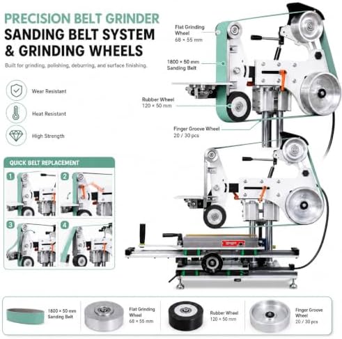 ADV-GRINDING 1500W Belt Grinder Sander, 2" X 72" Variable Speed Belt Grinder for Metalworking, 3-in-1 Belt Sander Polisher with 3 Grinding Wheels & Flat Platen Tool Rest for Knife Making