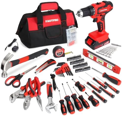 FASTPRO Home Tool Set with Drill, Household Repairing Tool Kit, Red
