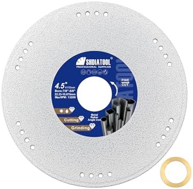 SHDIATOOL 4-1/2 Inch Diamond Metal Cutting Wheel 1PC, Vacuum Brazed Cut Off & Grinding Disc for Angle Grinder, Cuts Rebar Steel Stainless Aluminum, 7/8" Arbor with Reducer Ring