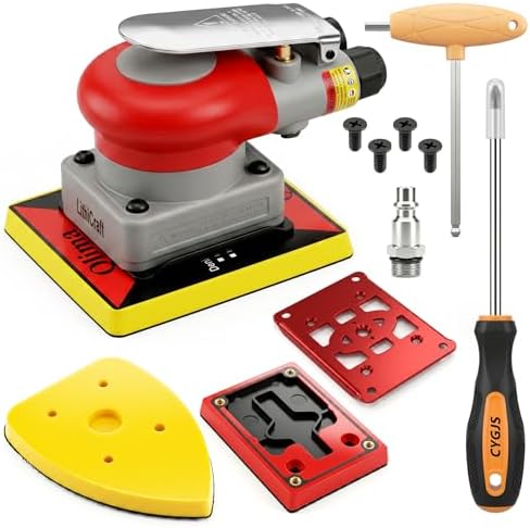 3-in-1Pneumatic Random Orbital Palm Sander, 4 x 4.3 in Air Square Sander, 10000 RPM, with 3 x 4 in Square panels and Triangle Detail Panel for Right-Angle Edges, Woodworking, Metal