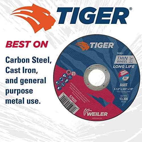 Weiler 57070 4-Inch Cutting Wheel, Tiger AO Steel/Metal Long Life, Performance Cutting, 0.035" A60T Type 1 3/8" Arbor (Pack of 25)
