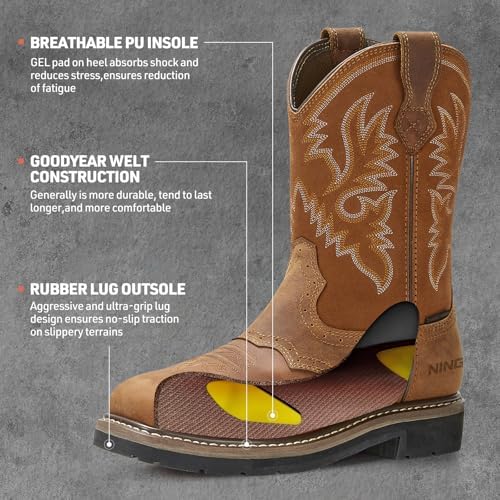 HISEA NINGO Steel Toe Work Boots for Men Square Toe Cowboy Boots Soft Toe