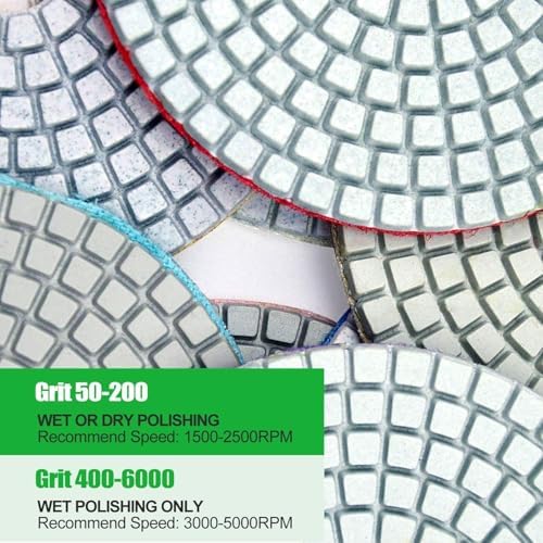 16PCS Wet Dry Diamond Polishing Pad Kit, 4 Inch Diamond Sanding Pad 30-6000 Grit with 5/8''-11 Thread Backer Plate for Concrete Marble Quartz Granite Countertop Stone & Tile Polishing