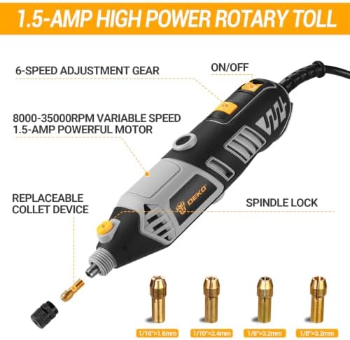 DEKOPRO Rotary Tool Kit, 1.5-Amp Corded Power Rotary Tools with 42" Flex Shaft, 6 Variable Speed, 8,000-35,000 RPM, 129 Pcs Accessories Kit for Cutting, Sanding, Grinding, Carving & DIY Projects Gray