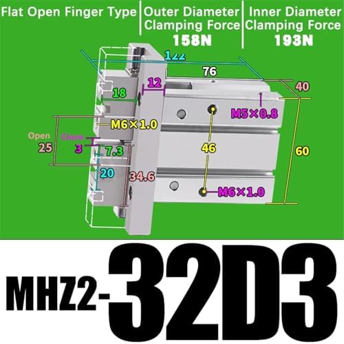 1pcs MHZ2-10/16/25/32/40D1/D2/D3 Pneumatic Finger Cylinder Parallel Gripper Side Thread Aluminium Clamps(MHZ2-32D3)