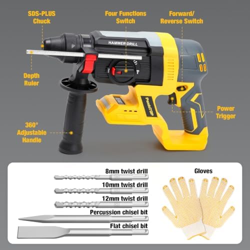 SDS Plus Cordless Rotary Hammer Drill for De-walt 20v Max Battery, Hammer Drill 20v Brushless for Concrete/Masonry/Wood/Metal, Rotomartillo, 4 Functions, 5 Drills with Gloves (Battery Not Included)
