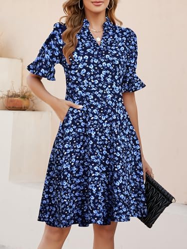 Mokayee Womens Summer V Neck Ruffle Short Sleeve Fit and Flare Knee Length Church Wedding Guest Dresses with Pockets