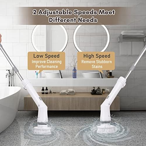 Electric Spin Scrubber Handheld Cordless Electric Cleaning Brush Electric Spin Cleaner 2 Speeds Adjustable with Extension Rod 6 Replaceable Brush Heads for Bathroom Bathtub Toilet Wall Tile Flo