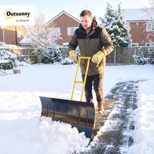 Outsunny Snow Shovel with Wheels, 29" x 18" Metal Snow Pusher, Yellow