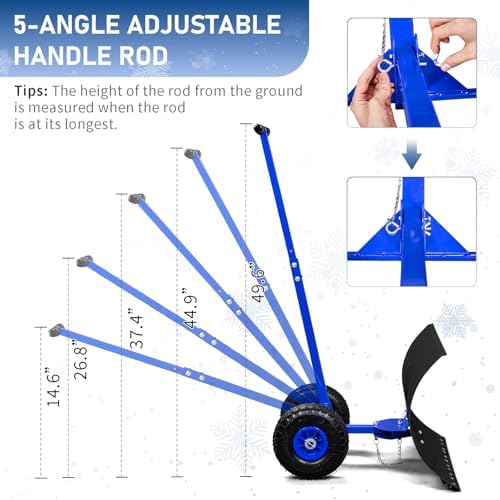 VINGLI Snow Pusher Shovel with Wheels, 29" Adjustable Ergonomic T-Handle Snow Plow for Driveway, Heavy Duty Wheeled Rolling Shovels for Snow Removal, Angle Adjustable (Black & Blue)