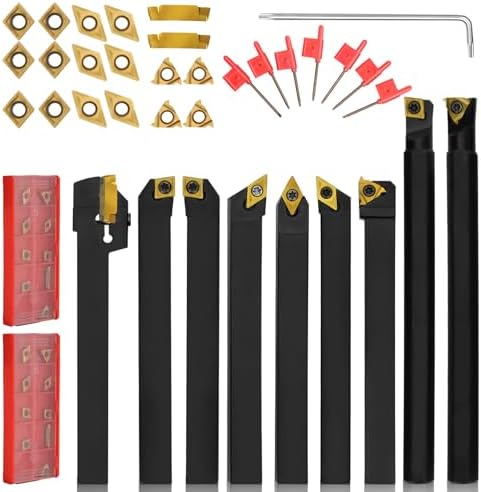 Indexable Lathe Turning Tool 27Pcs Kit 3/8'' 10mm Shank, 9Pcs Metal Lathe Tools Holder Set with 18Pcs Inserts, for Turning Grooving Threading Boring, Lathe Tooling with Reverse Tool Design