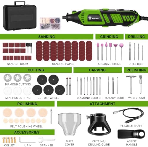 DEKOPRO Rotary Tool Kit, 1.5-Amp Corded Power Rotary Tools with 42" Flex Shaft, 6 Variable Speed, 8,000-35,000 RPM, 129 Pcs Accessories Kit for Cutting, Sanding, Grinding, Carving & DIY Projects Green