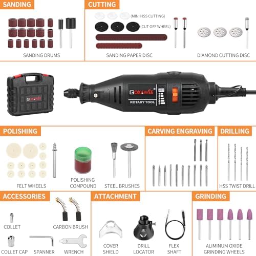 GOXAWEE Mini Rotary Tool Kit with Flex Shaft & Keyless Chuck -140Pcs, Black