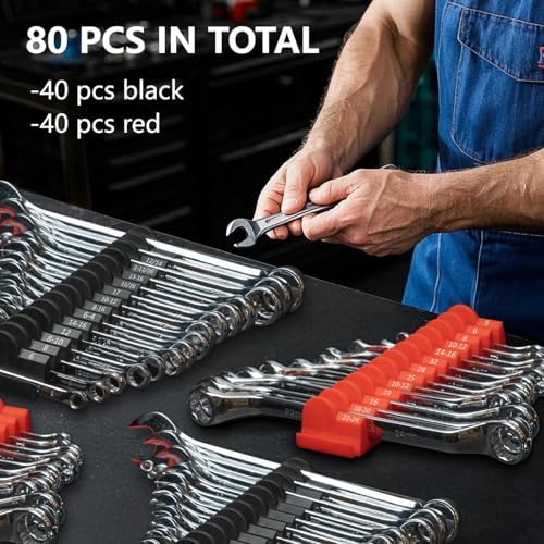 80 pcs MAGNETIC Modular Wrench Organizers for Tool Drawers - Wrench Rack with Metric & SAE Labels, Perfect Tool Storage Holder. Gift for father, brother and boyfriend (With Magnet) (Black and Red)