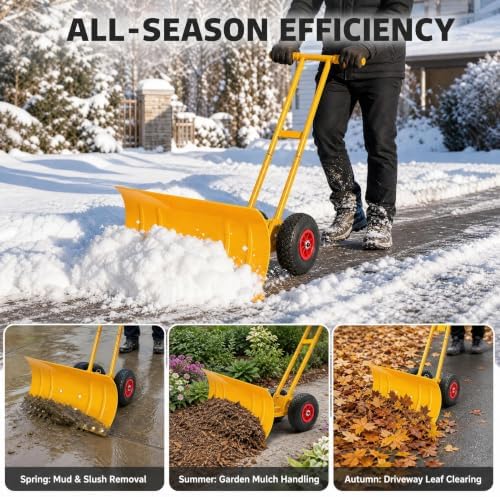 Garvee 29" W Adjustable Handle Wheeled Shovel for Driveway, Double Rod