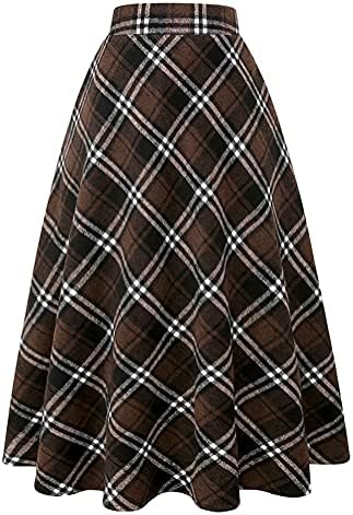 IDEALSANXUN Womens Plaid Wool Skirts Elastic Waist A-Line Pleated Tartan Long Skirts
