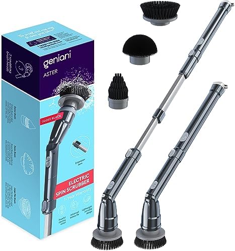 GENIANI Electric Spin Scrubber - 360 Cordless Powerful Scrub Brush for Cleaning Bathroom, Tile, Floor, Tub & Shower with Adjustable Extension Handle & 3 Replaceable Rotating Brush Heads (Gloss Black)