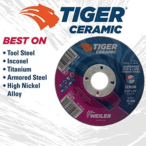 Weiler 58325 4-1/2 x 1/4 Tiger Ceramic Type 27 Grinding Wheel CER24R 7/8 A.H (Pack of 10)