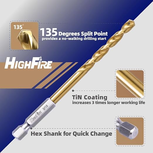 Highfire 6 PCS 3/8 Inch 135 Degrees Split Point Hex Shank Drill Bits, TiN Coated High Speed Steel, Ideal for Steel, Aluminum & More