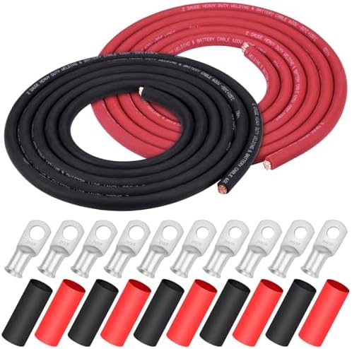 iGreely 2 AWG Gauge Wire 10 Feet Black + 10 Feet Red Welding Battery Pure Copper Ultra Flexible Cable + 5pcs of 5/16" & 5pcs 3/8" Copper Cable Lugs Terminal Connectors+Heat Shrink Tubing