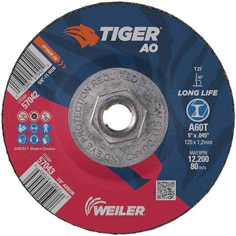 Weiler 57042 5 Inch Cutting Wheel, Tiger AO Steel/Metal Long Life Performance Cutting, .045" A60T Type 27 5/8"-11 Hub, Pack of 10