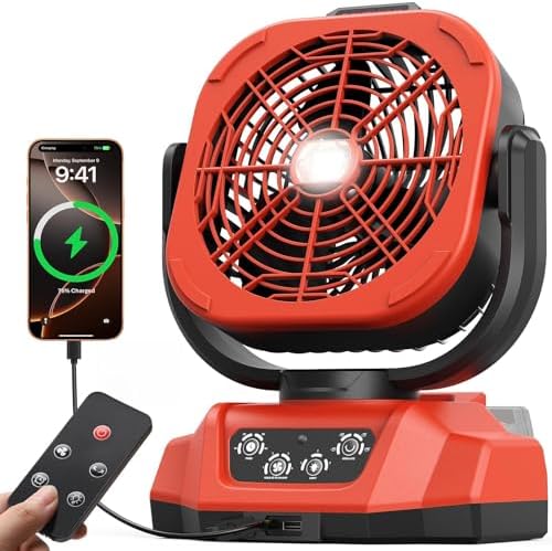Battery Operated Fan for Milwaukee M18 battery, Camping Fan with USB A/C & LED Lights, 4 Speeds & Remote Control, Portable/Cordless/Battery Powered fan, for Outside, Jobsite (Battery Not Included)