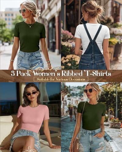 Ficerd 3 Pack Women's Ribbed Short Sleeve T-Shirts