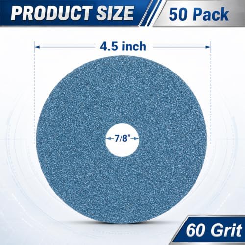 50 Pack Zirconia Resin Fiber Sanding Grinding Discs, 4.5" x 7/8” 60 Grit