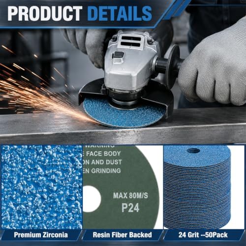 50 Pack Zirconia Resin Fiber Sanding Grinding Discs, 4.5" x 7/8” 24 Grit