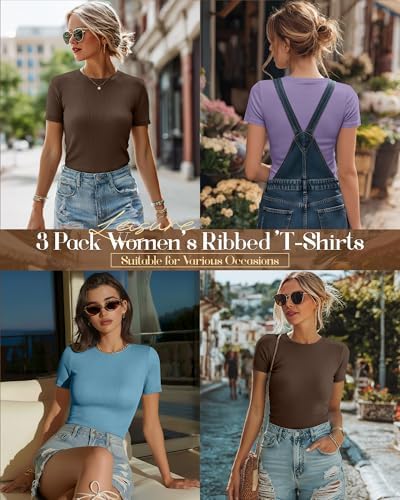 Ficerd 3 Pack Women's Ribbed Short Sleeve T-Shirts