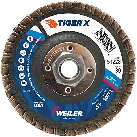 Weiler 51228 Tiger X Flap Disc, Ceramic and Zirconia Alumina, Flat, Phenolic Backing, 80 Grit', 4-1/2", 5/8-11" Arbor Hole (Pack of 10)