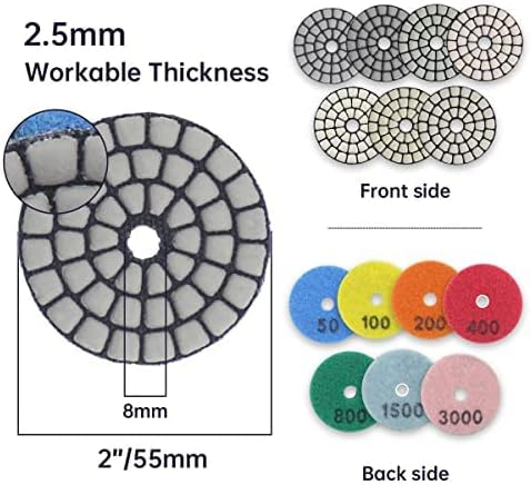 2 Inch Diamond Polishing Pads with 7Pcs Dry Wet Granite Stone Polish Pad Kit for Drill，50-3000 Grit Polishing Pad (7Pcs Dry Pads+1 Drill Adapter)